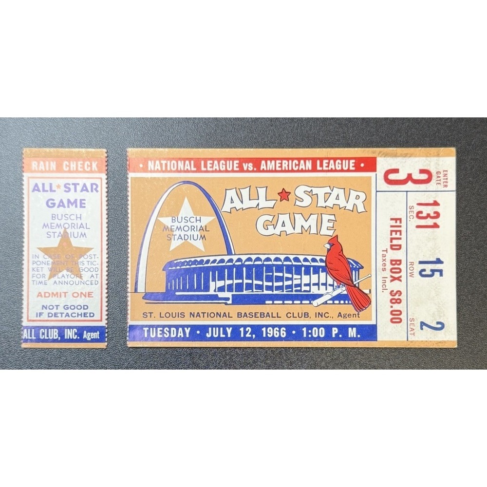 1966 MLB Baseball All Star Game Ticket Busch Stadium Mays Koufax Clemente Perry